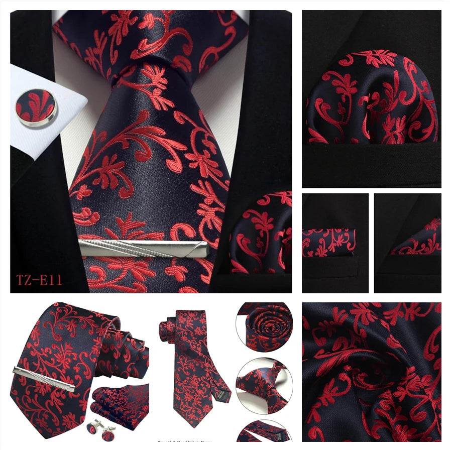 Mens Tie Set Silk Silver Paisley Floral Necktie and Pocket Square Cufflinks Tie Clip Classic Formal Ties for Men Wedding Party