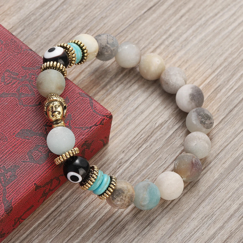 Classic Buddha&Evil Eye Bracelet Women Men 10mm Round Turquoises Blue Stone Bangles Handmade Elastic Yoga Bracelet