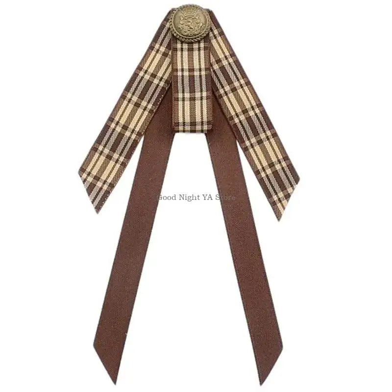 Retro Brown Plaids Bowtie Brooch Pin Uniform Ribbon Bowknot Jabot Collar Necktie