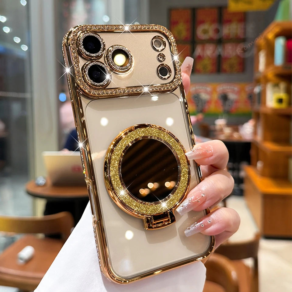 Diamond Mirror Magnetic Case For iPhone 17 Air 16E 16 15 14 Plus 13 11 12 16 Pro Max Magsafe Glitter Transparent Protector Cover