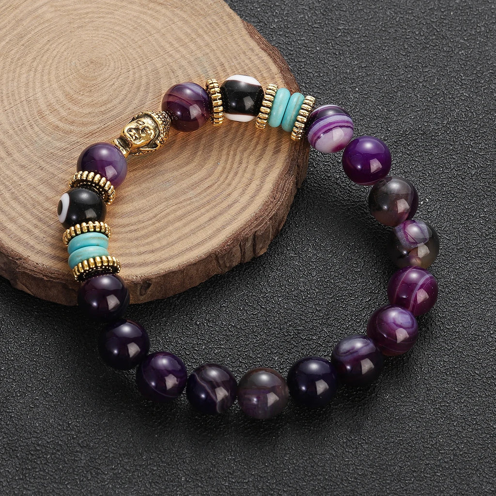 Classic Buddha&Evil Eye Bracelet Women Men 10mm Round Turquoises Blue Stone Bangles Handmade Elastic Yoga Bracelet