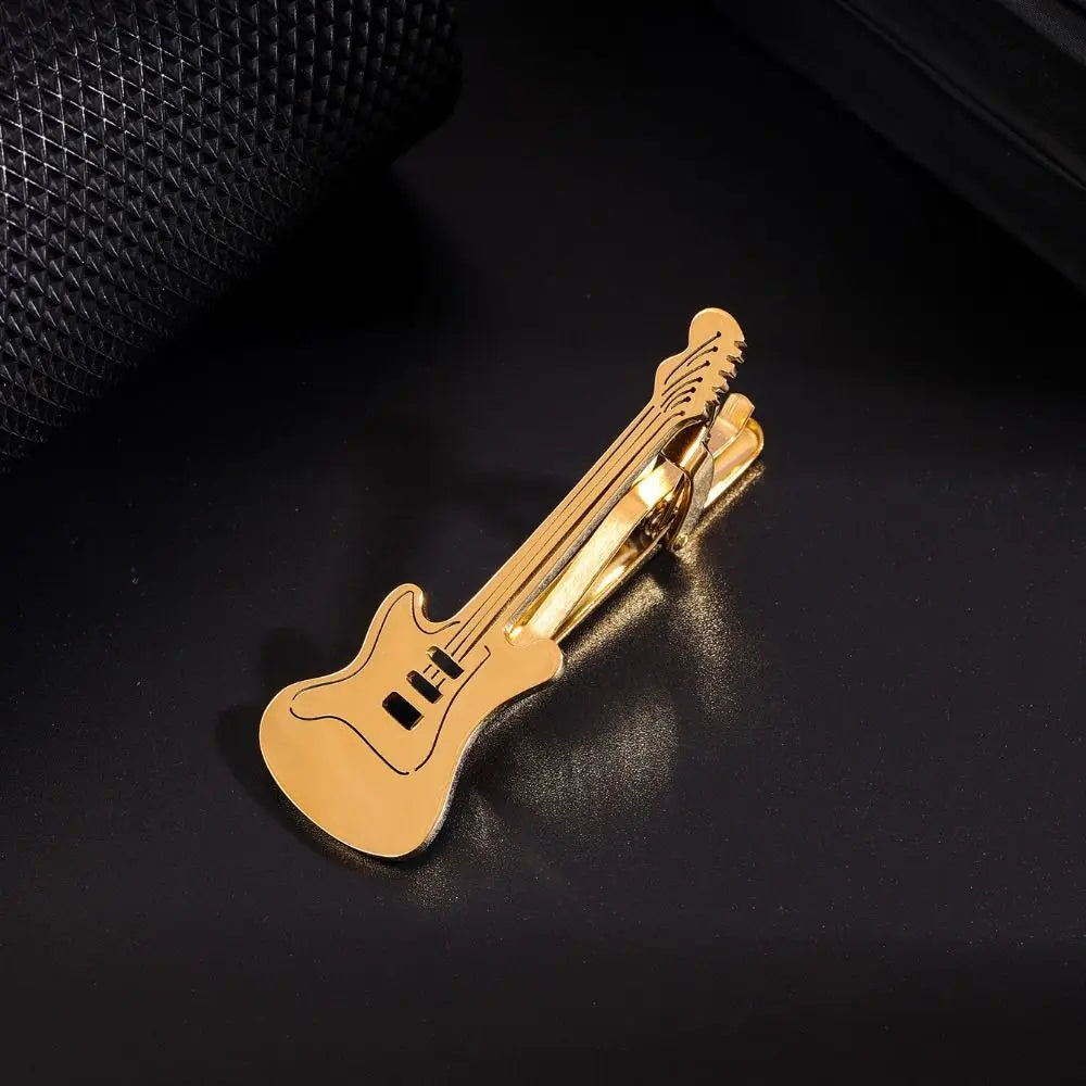 Treble Clef Guitar Tie Clip Titanium Steel Instrument Music Note Tie Pin Hip Hop Punk Piano Necktie Buckle Concert Accessories