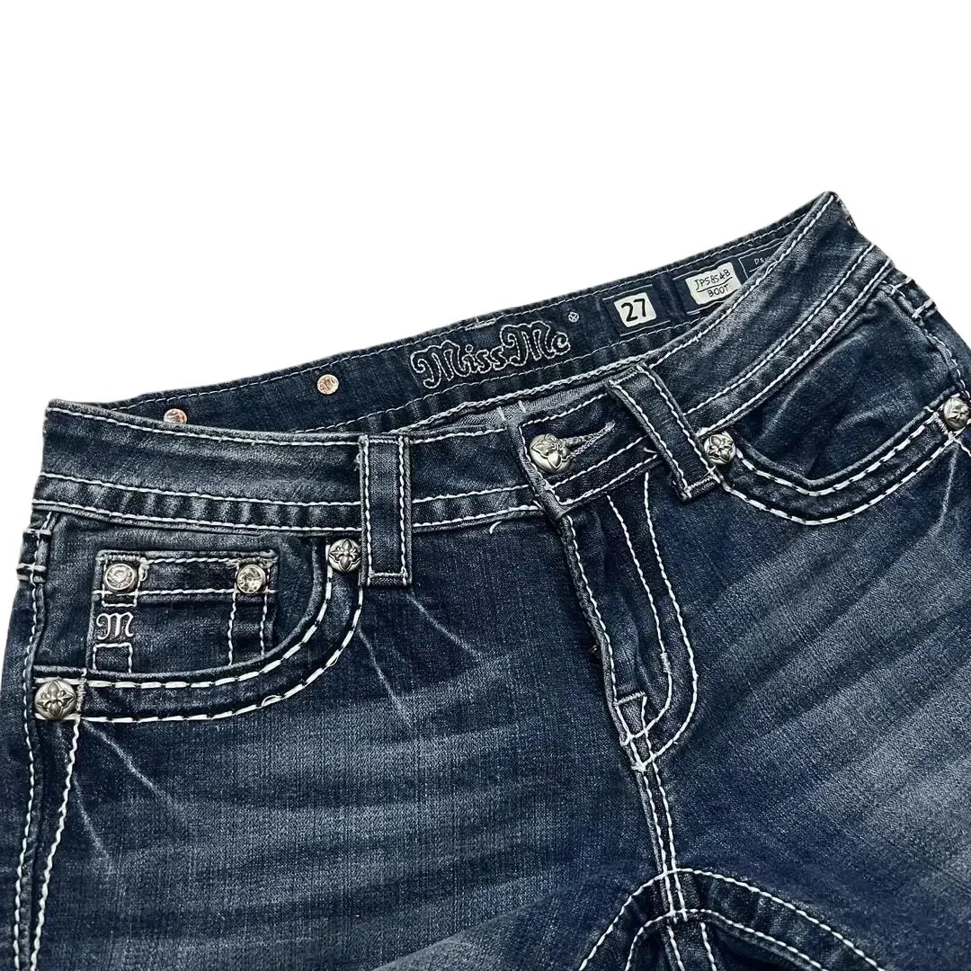 Harajuku Retro High Quality Boot Cut Jeans Women Y2K New Gothic Blue Denim Embroidery Hip Hop Cross Pocket Wide Pants Streetwear