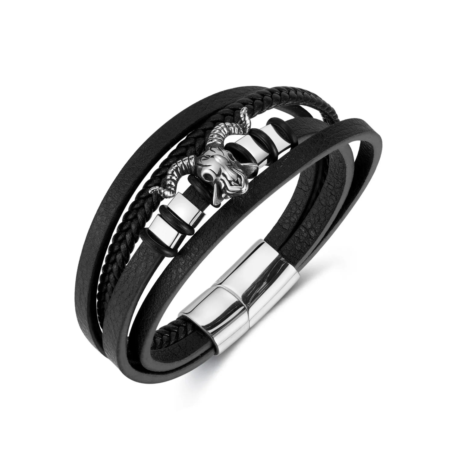 New Vintage Leather Woven Rope Bracelet Titanium Steel Sheep's Head Magnetic Buckle Men's Bracelet Fashion Jewelry Wholesale