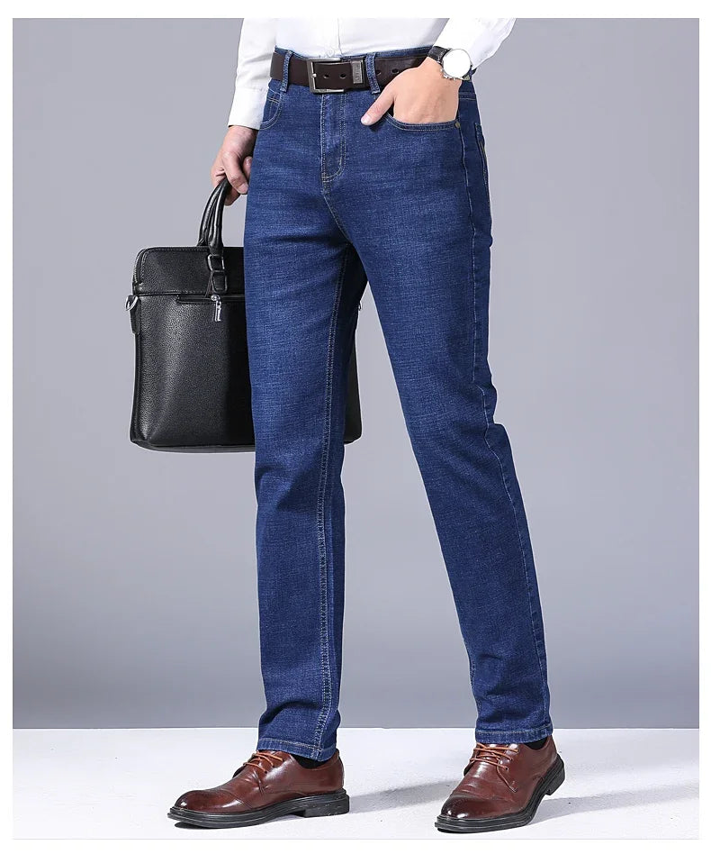 Men Fashion Straight Jeans Men 2025 New Stretch Slim Fit Pants Comfortable Soft Business Denim Trousers Male Brand Clothing