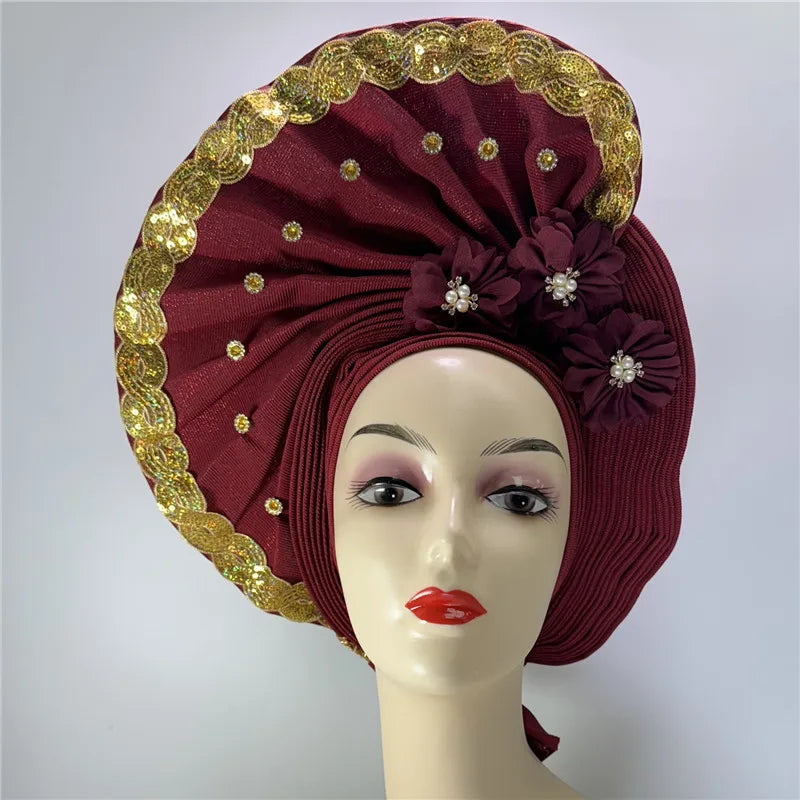 High Quality African Nigeria Gele Elegant Helmet With Stones Headband Turban Head Scarf Head-Hat Auto Gele Brand New Hats 7L5191