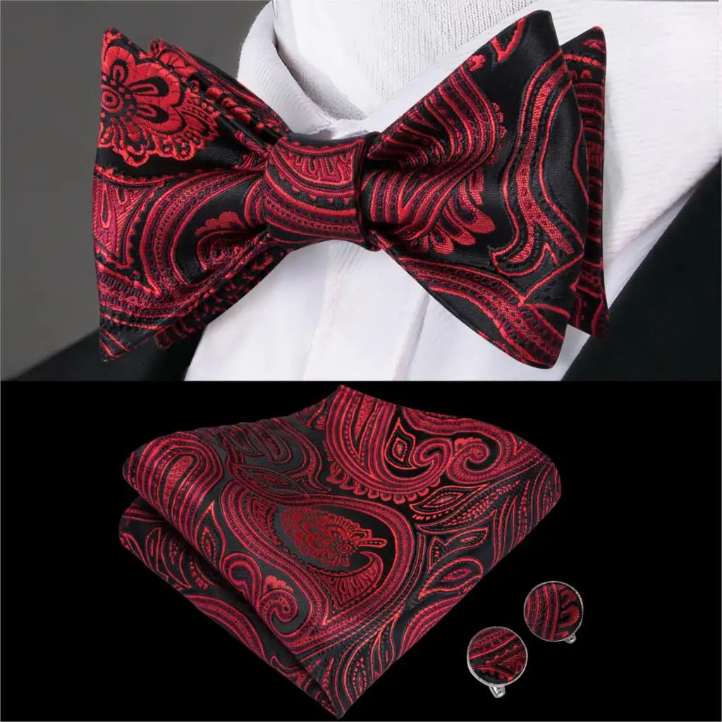 Hi-Tie Adjustable Butterfly Self Bow Tie for mens 100% Silk Floral Paisley Male Classic Wedding Party Golden Red Bow Tie Set