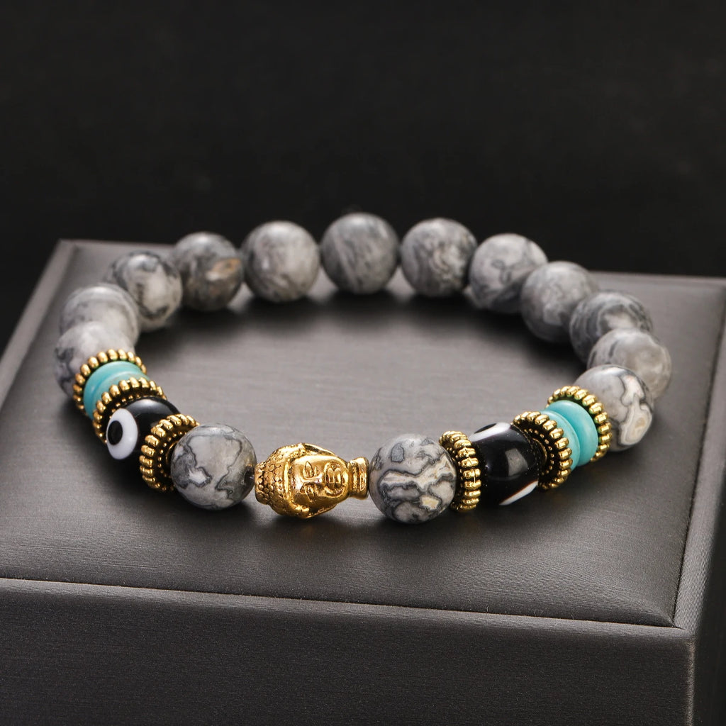 Classic Buddha&Evil Eye Bracelet Women Men 10mm Round Turquoises Blue Stone Bangles Handmade Elastic Yoga Bracelet