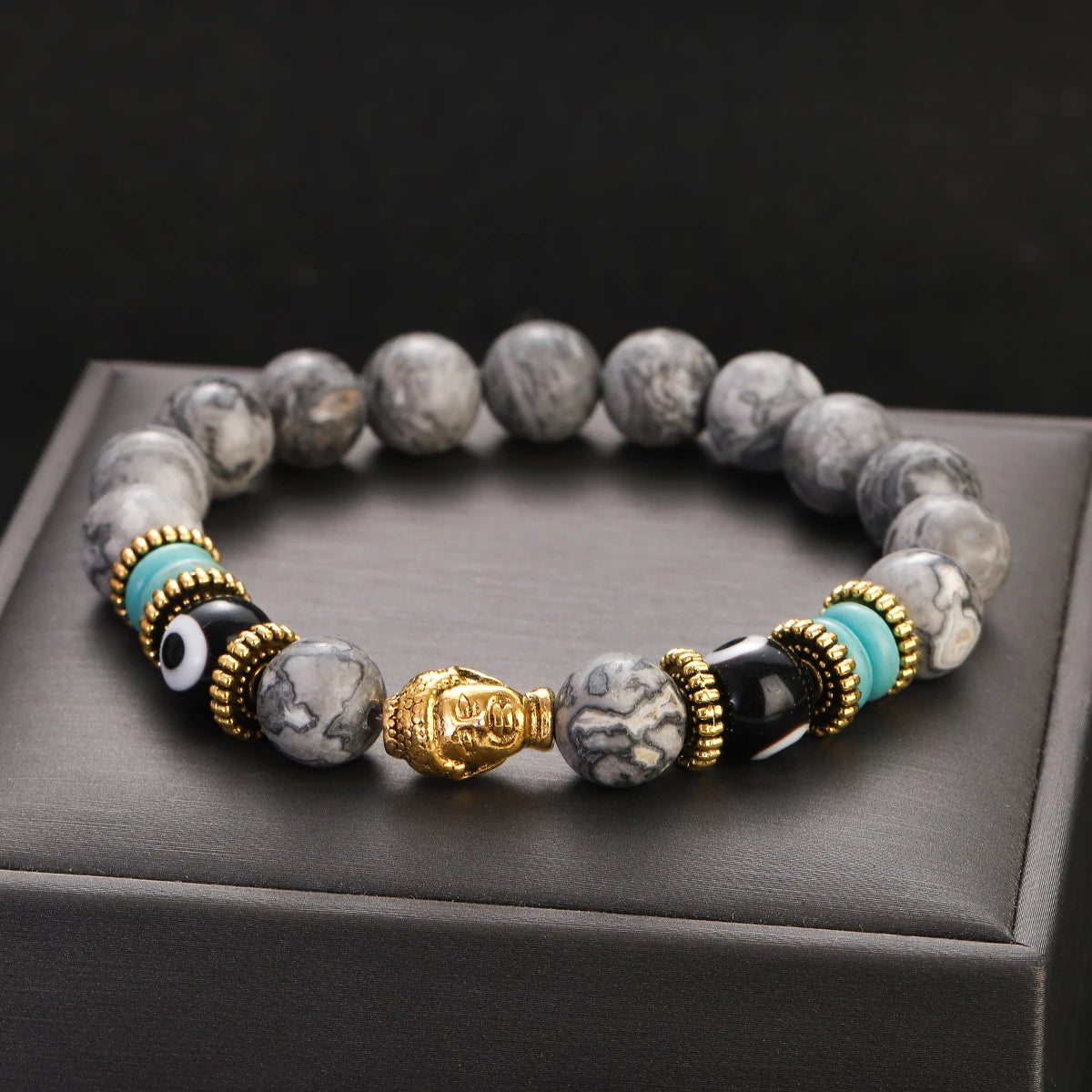 Classic Buddha&Evil Eye Bracelet Women Men 10mm Round Turquoises Blue Stone Bangles Handmade Elastic Yoga Bracelet