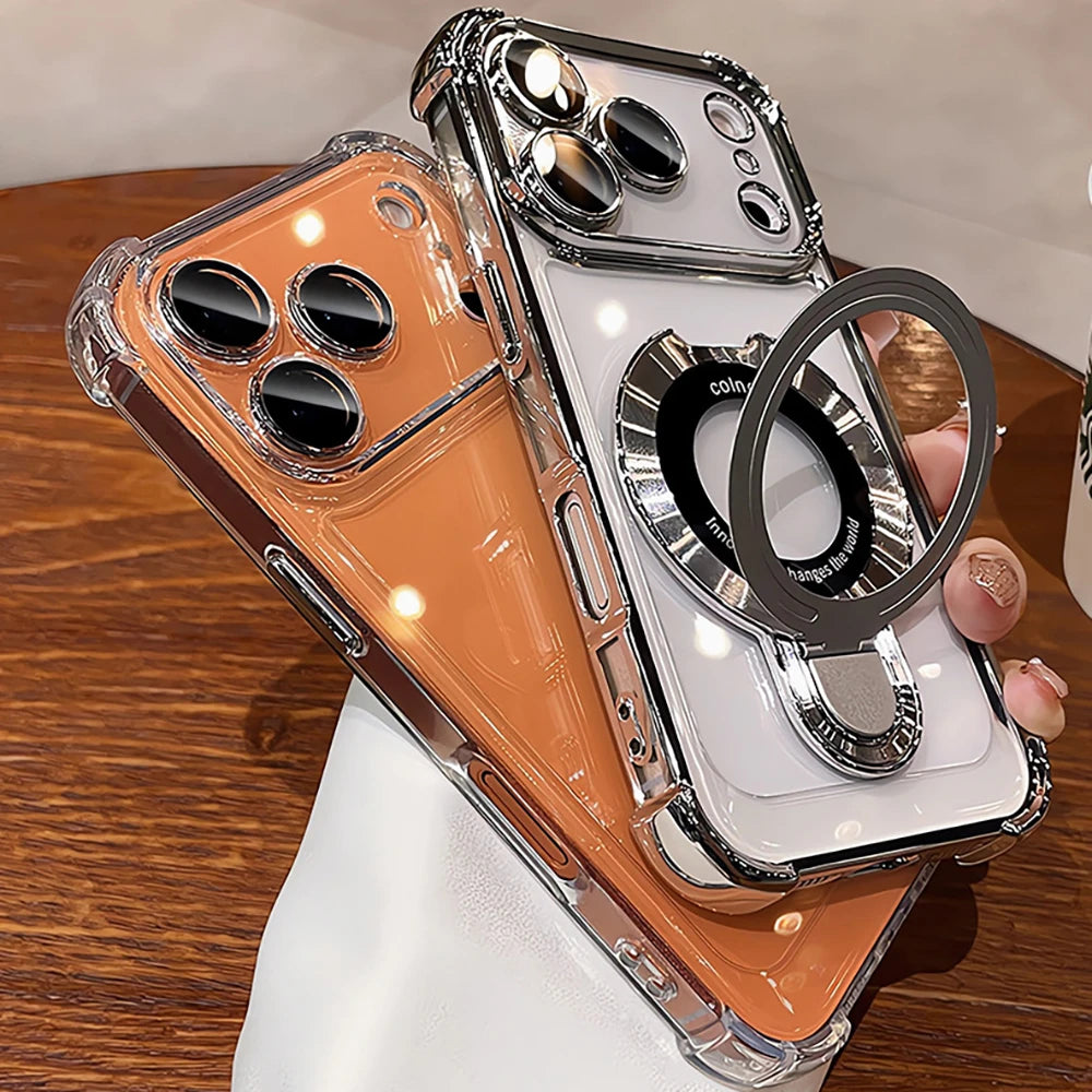 For Magsafe Bracket Clear Plating Phone Cases For iPhone 17 16 15 14 13 12 Pro Max Plus Air Magnetic Ring Stand Holder Cover
