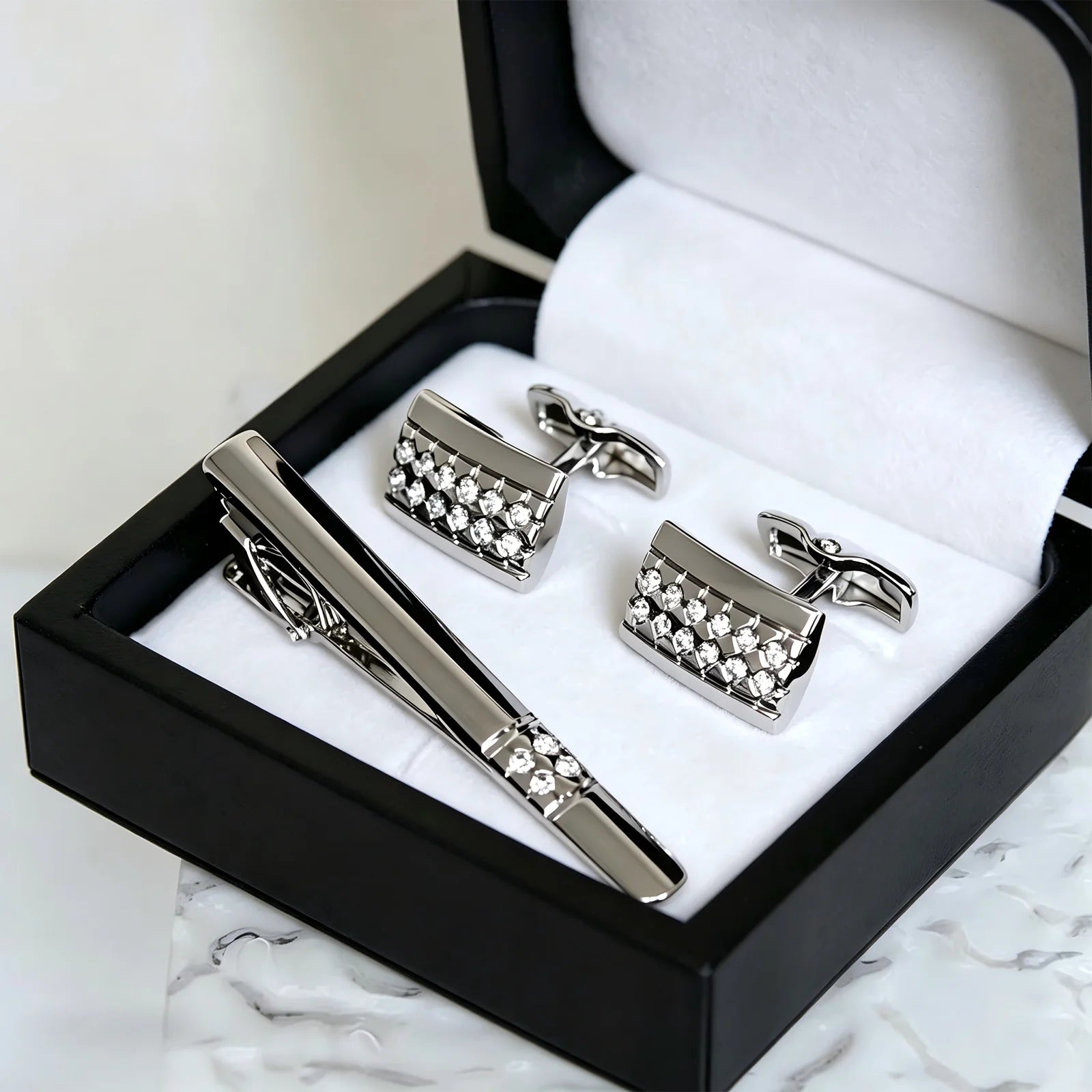 Cufflinks and Tie Clip Set for Men – Gold/Silver Rectangular Cuff Links with 2.36" Tie Bar, Ideal for Wedding, Father's Day