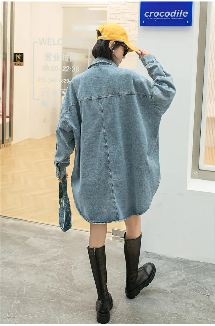 Fashion Embroidery Patches Denim Jacket Coat Women Harajuku Streetwear Hip Hop Trend Loose Jean Jackets Outerwear