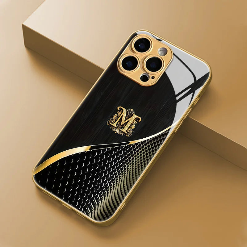 Elegant Gold Initial M Phone Cover fashion phone cases For iphone 17 case Glass Phone Case for iPhone 17、16、15、14、13、pm Pro Plus