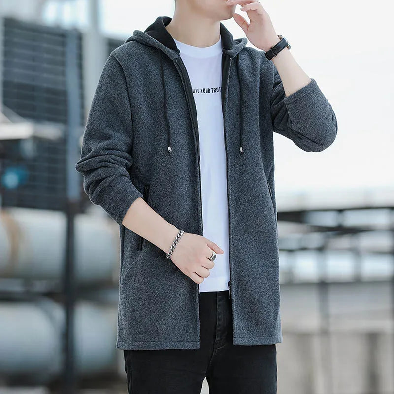 Mens Long Knit Cardigan Autumn Winter Sweater Coat Fleece Heavy Hooded Trench Coat Solid Chenille Men's Fashion Jacket
