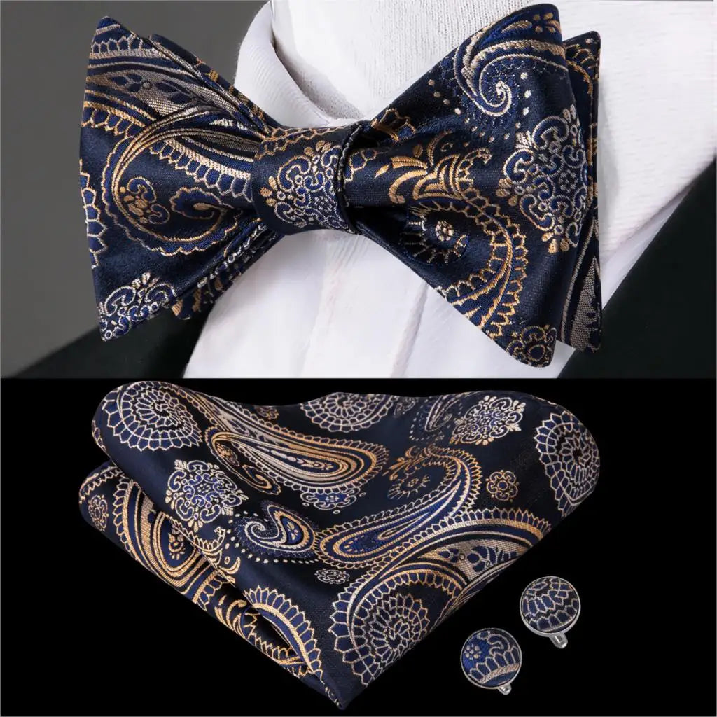 Hi-Tie Adjustable Butterfly Self Bow Tie for mens 100% Silk Floral Paisley Male Classic Wedding Party Golden Red Bow Tie Set