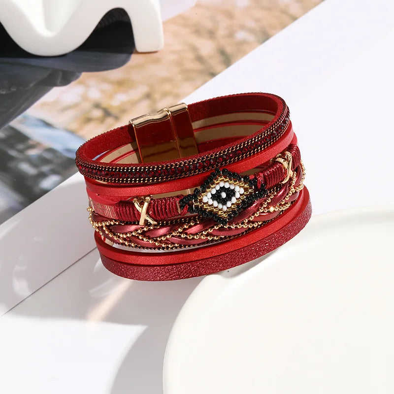 Multilayer Handwoven Leather Bracelet for Women Magnet Buckle Wide Bracelet Rice Bead Woven Devil's Eye Leather Bracelet Bangle