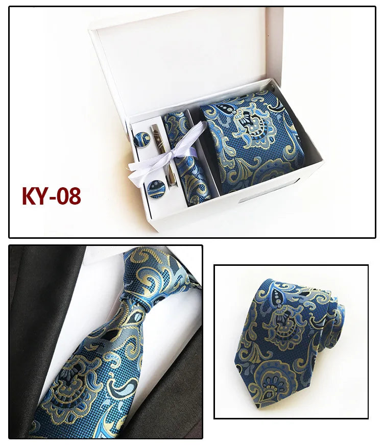 tie set for men gift box for men gravata luxury designer brand 8 cm Jacquard Necktie Pocket Square Clip cufflinks