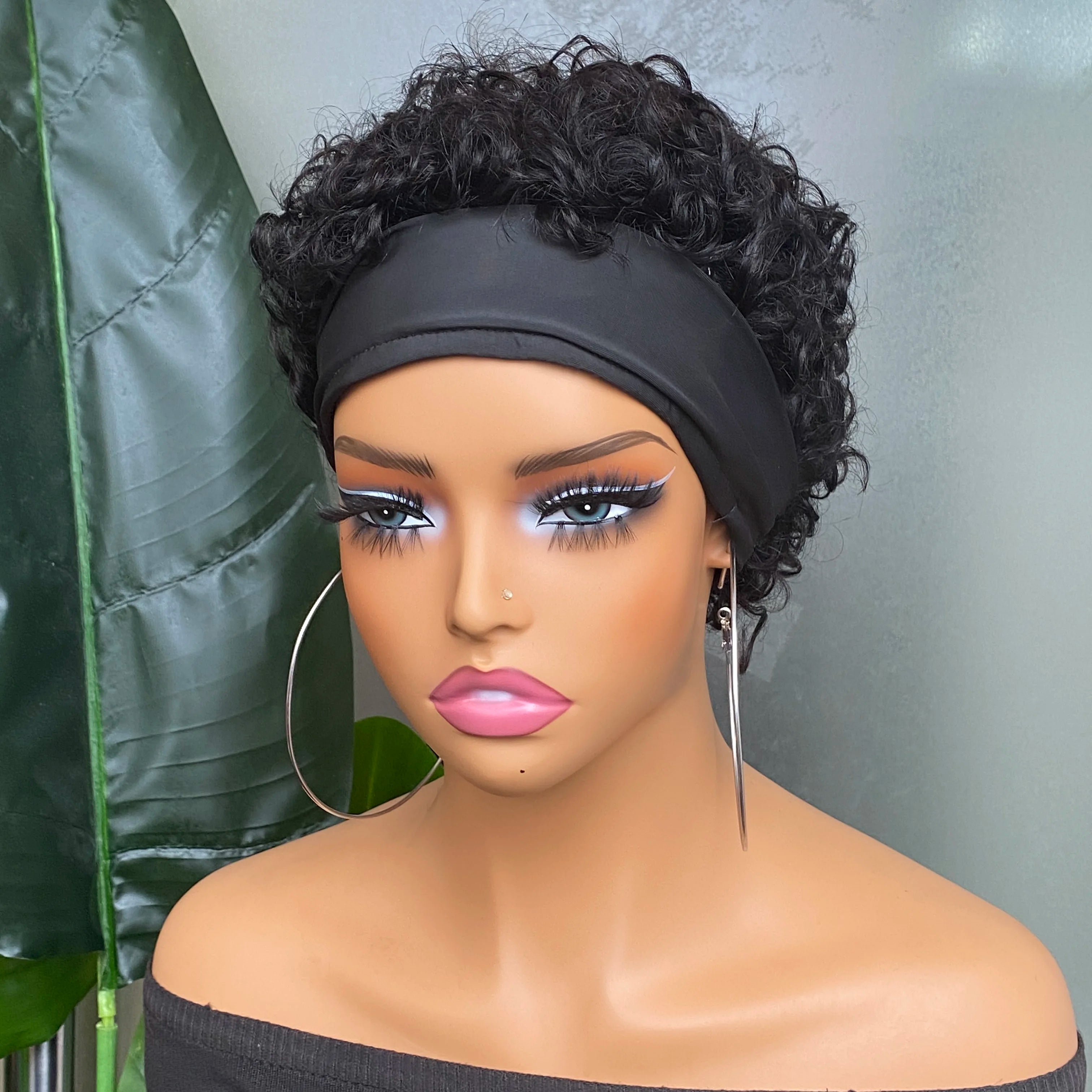 Water Wave Headband Wig Human Hair Wigs Curly Bob For Women Real Hair Pixie Cut Wig Machine Made Cap Hair