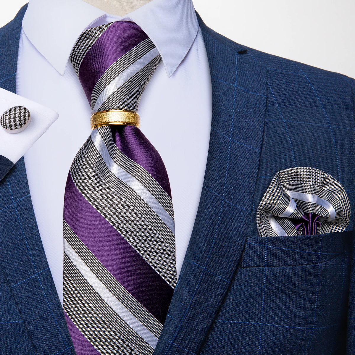 Men's Tie Handkerchief Cuffink Necktie Set Jacquard Woven Silk Blue Wedding Formal Business Party Necktie Ring Set DiBanGu