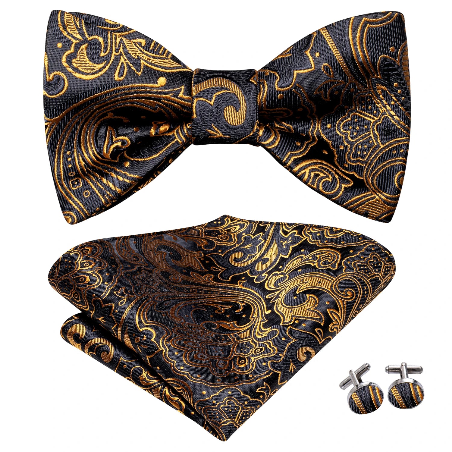 Hi-Tie Silk Mens Self Bow Tie Pocket Square Cufflink Set Butterfly Knot Jacquard Floral Paisley Bowtie for Male Wedding Business