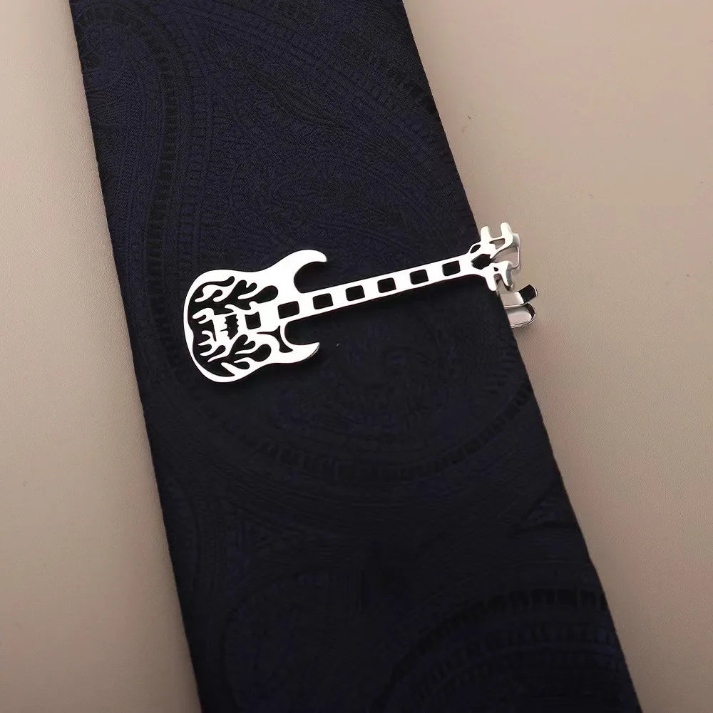 Treble Clef Guitar Tie Clip Titanium Steel Instrument Music Note Tie Pin Hip Hop Punk Piano Necktie Buckle Concert Accessories