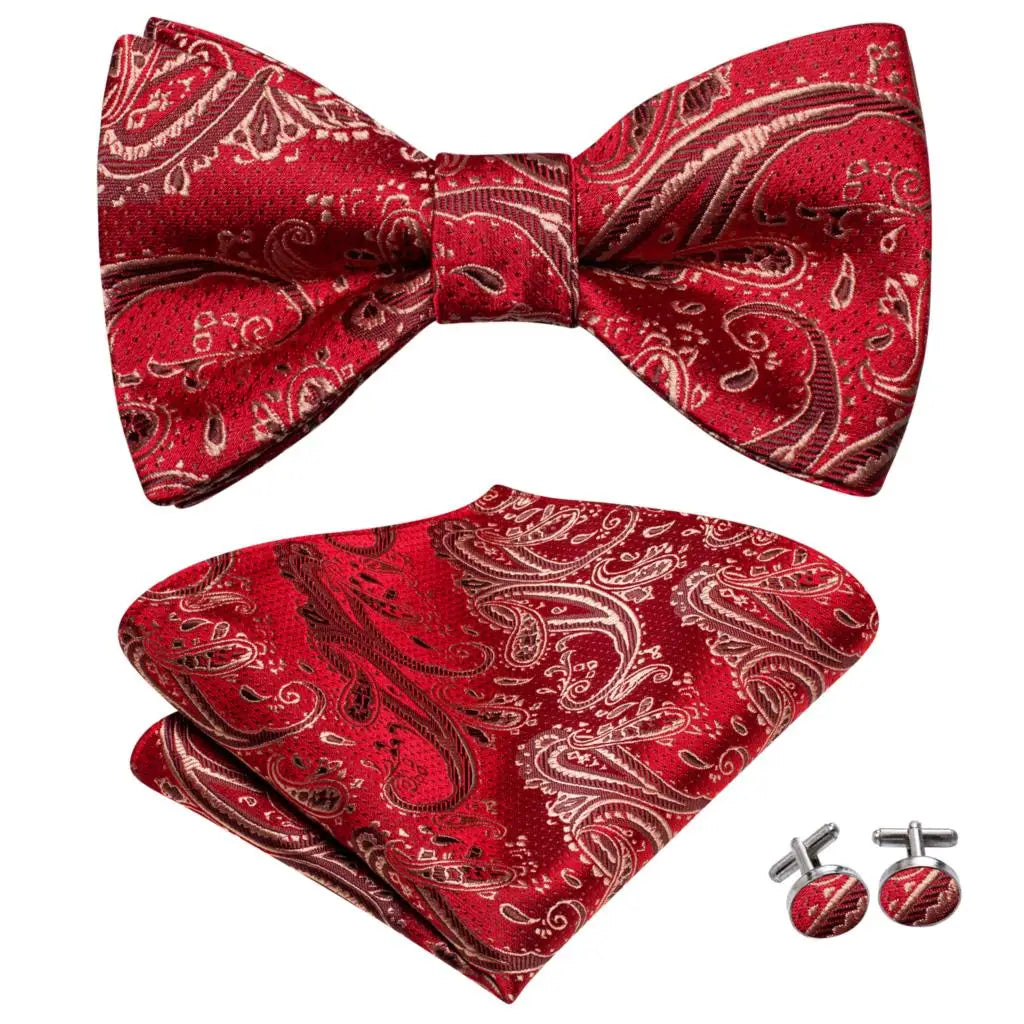 Hi-Tie Silk Mens Self Bow Tie Pocket Square Cufflink Set Butterfly Knot Jacquard Floral Paisley Bowtie for Male Wedding Business