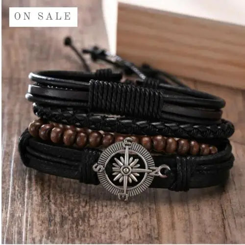 4Pcs/ Set Braided Wrap Leather Bracelets For Men Vintage Life Tree Rudder Charm Wood Beads Ethnic Tribal Wristbands