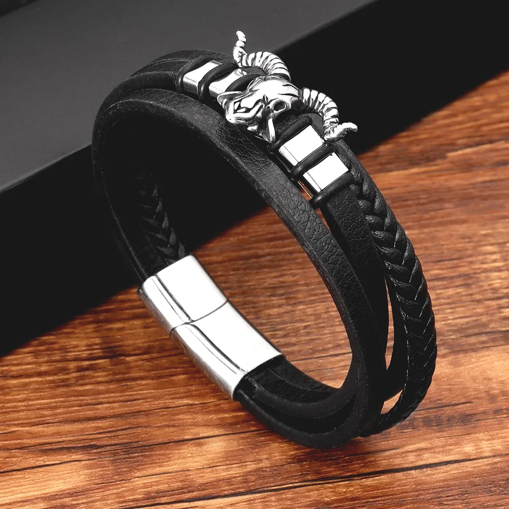 New Vintage Leather Woven Rope Bracelet Titanium Steel Sheep's Head Magnetic Buckle Men's Bracelet Fashion Jewelry Wholesale