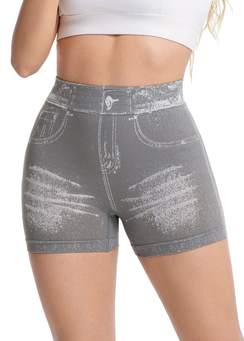 Jeans-like seamless yoga shorts with a V-shaped back, designed to enhance the posterior and provide quick-drying, form-fitting r