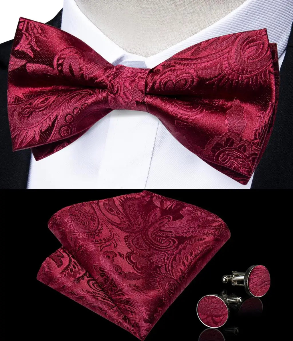 Wedding Bow Tie for Men Classic Red Pre-tied Bowtie Cufflinks Corsage Set for Party Butterfly Knot Gift Man Accessories