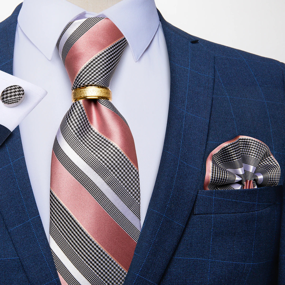 Men's Tie Handkerchief Cuffink Necktie Set Jacquard Woven Silk Blue Wedding Formal Business Party Necktie Ring Set DiBanGu