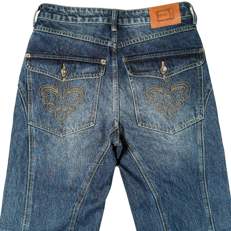 Retro Washed Flare Jeans Y2K Trendy Streetwear Panel Stitching Pocket Embroidered Bootcut Jeans Unisex Wide Leg Denim Trousers