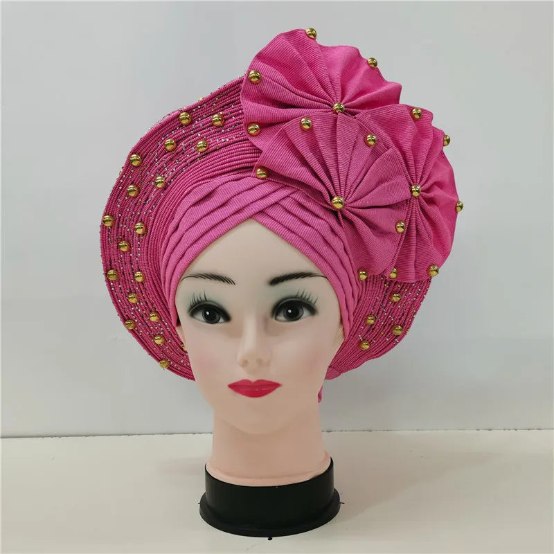 High Quality African Nigeria Gele Elegant Helmet With Stones Headband Turban Head Scarf Head-Hat Auto Gele Brand New Hats 7L1181