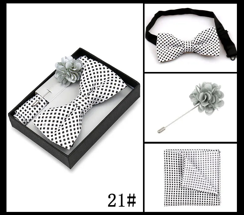 Classic High Quality Bow Tie Set Box Gift For Men Fashion Elegant Bowtie Handchief And Brooch Set Wedding Business Accessories
