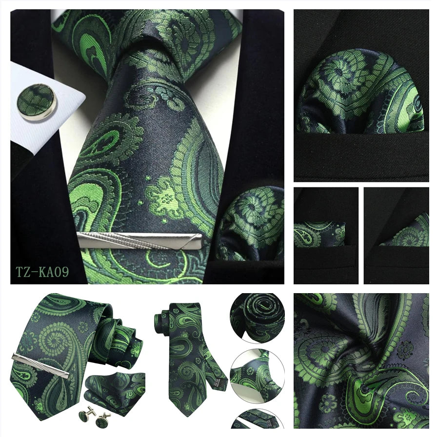 Mens Tie Set Silk Silver Paisley Floral Necktie and Pocket Square Cufflinks Tie Clip Classic Formal Ties for Men Wedding Party