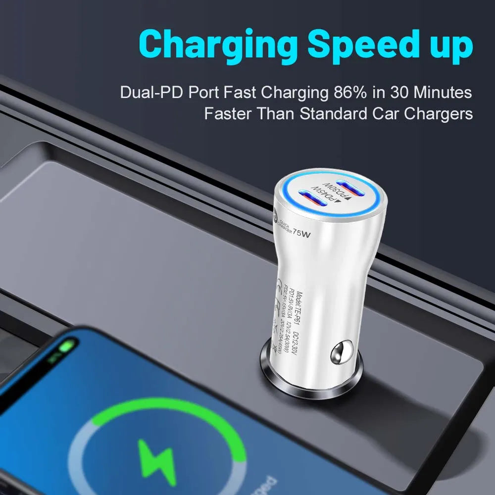 75W USB C Car Charger Dual Ports Type C PD Charger In Car Fast Charge Adapter For iPhone 15 14 Xiaomi Samgsung Car Phone Charger