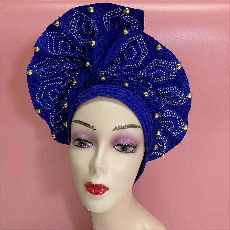 High Quality African Nigeria Gele Elegant Helmet With Stones Headband Turban Head Scarf Head-Hat Auto Gele Brand New Hats 7L5191