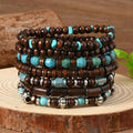 Bohemian Multilayer Bracelet Set Wood Beaded Turquoise Accent Retro Ethnic Charm Wristband Stackable Hand Jewelry for Men Women