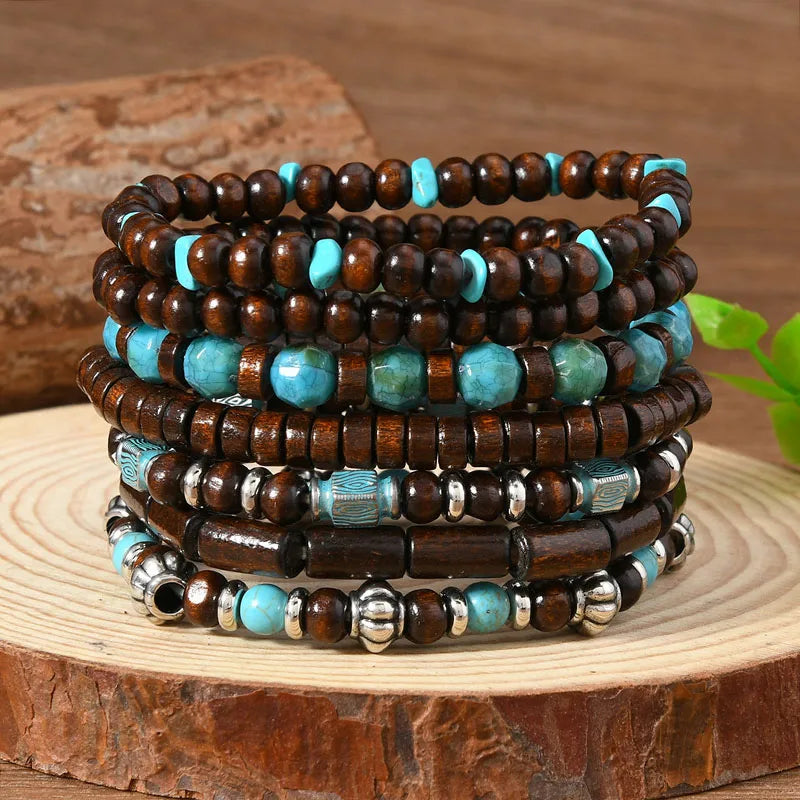 Bohemian Multilayer Bracelet Set Wood Beaded Turquoise Accent Retro Ethnic Charm Wristband Stackable Hand Jewelry for Men Women