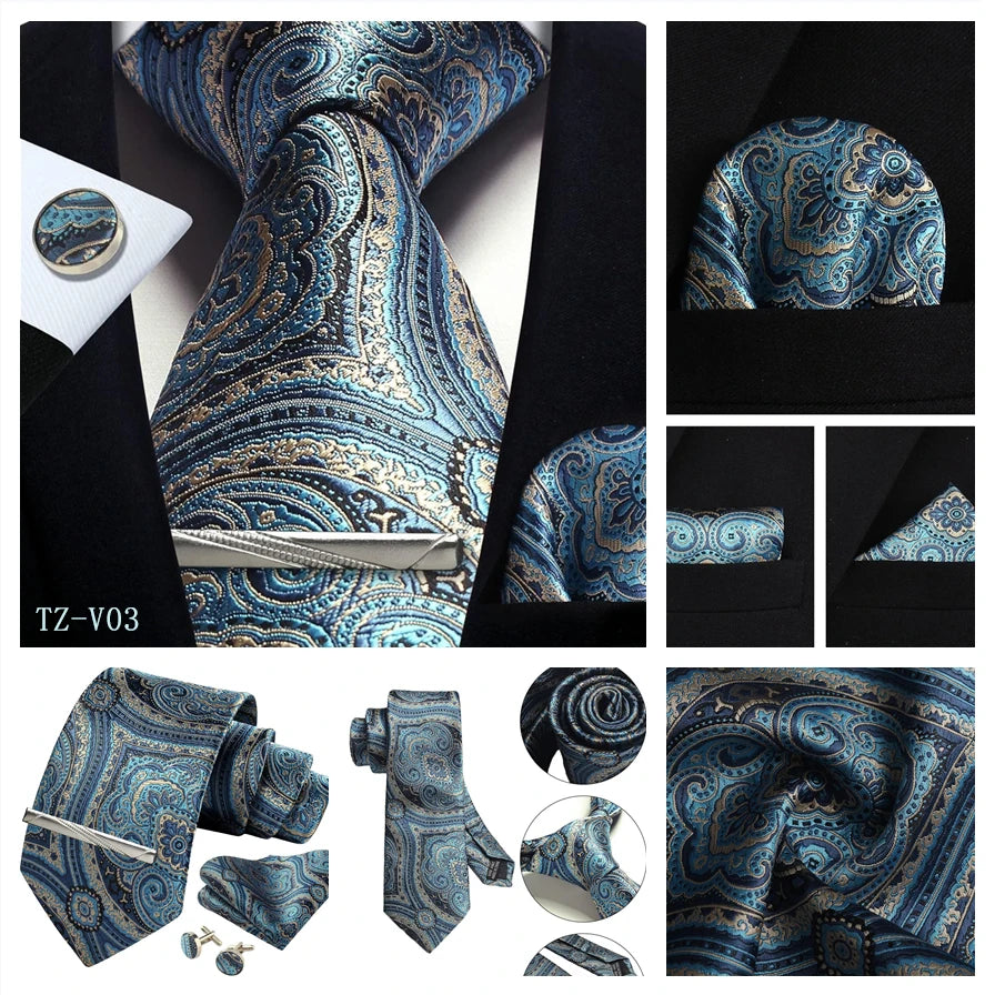 Mens Tie Set Silk Silver Paisley Floral Necktie and Pocket Square Cufflinks Tie Clip Classic Formal Ties for Men Wedding Party
