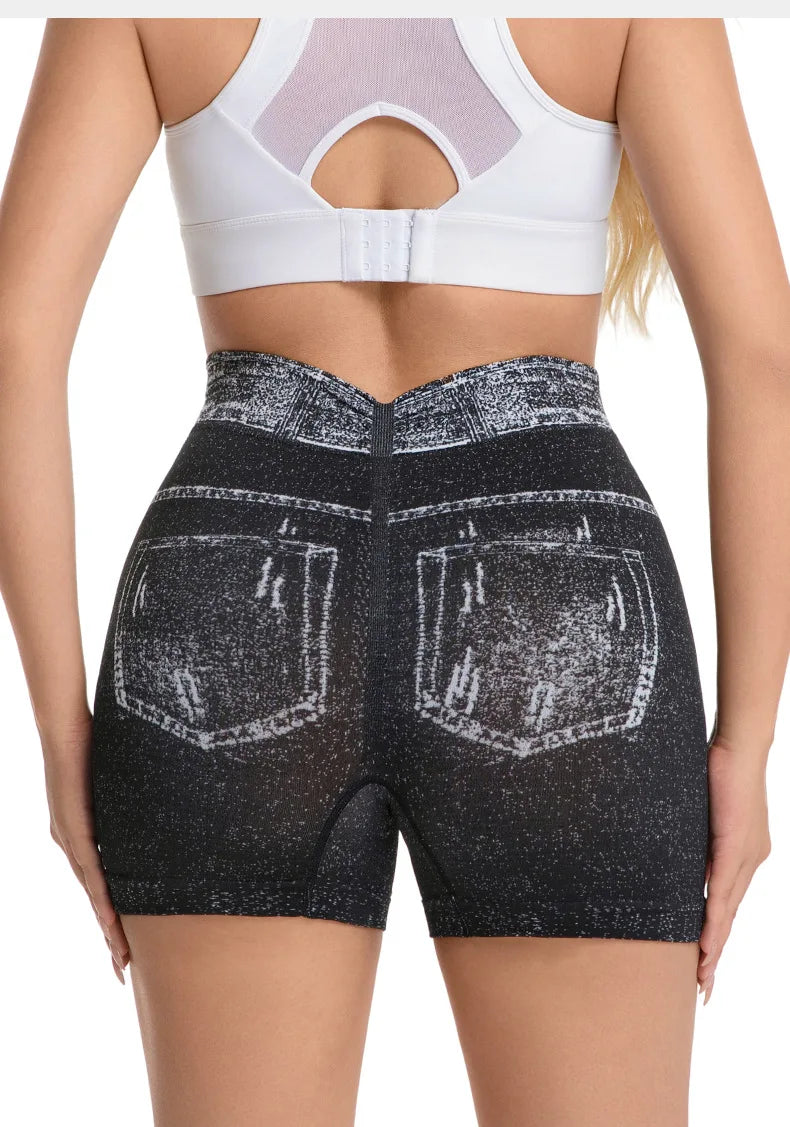 Jeans-like seamless yoga shorts with a V-shaped back, designed to enhance the posterior and provide quick-drying, form-fitting r