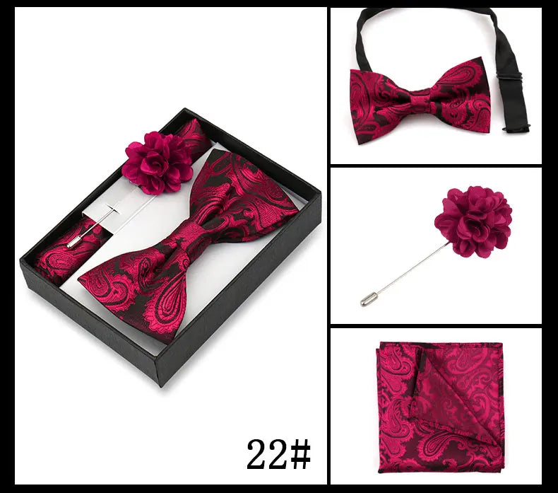 Classic High Quality Bow Tie Set Box Gift For Men Fashion Elegant Bowtie Handchief And Brooch Set Wedding Business Accessories