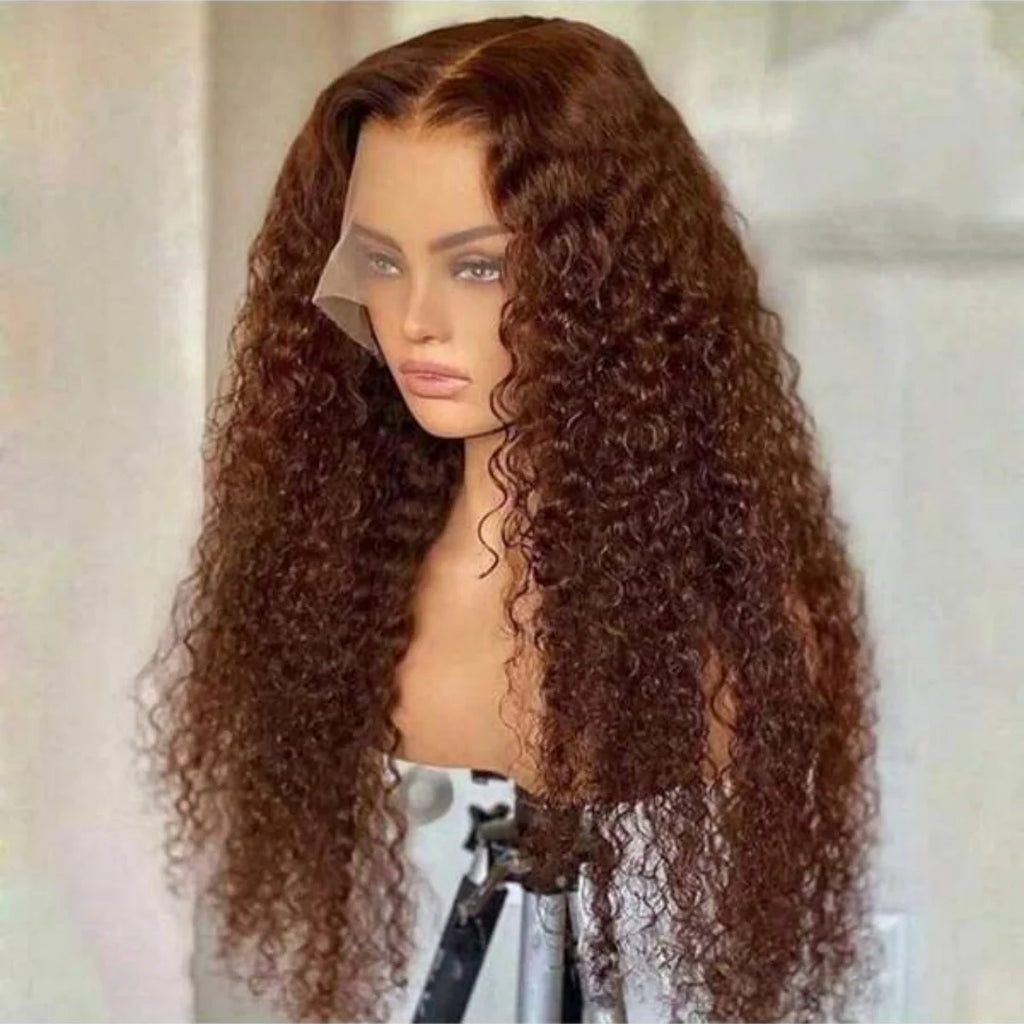 34Inch Chocolate Brown Kinky Curly 13x4 Human Hair Wig Jerry Curly 13x4 Transprent Lace Front Human Hair Wig PrePlucked Lace Wig