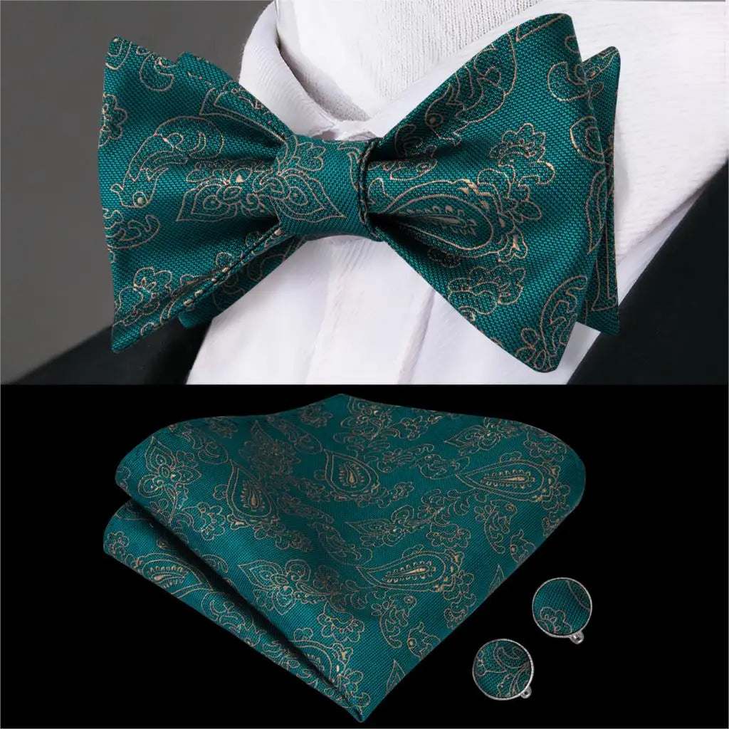 Hi-Tie Adjustable Butterfly Self Bow Tie for mens 100% Silk Floral Paisley Male Classic Wedding Party Golden Red Bow Tie Set