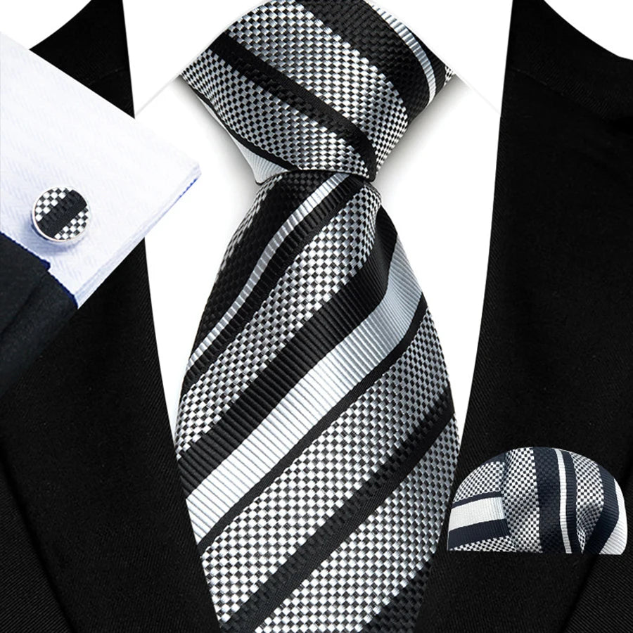Mens Tie Set Stripes Necktie and Pocket Square Cufflinks Tie Clip Classic Formal Neck Ties for Men Wedding Business Party