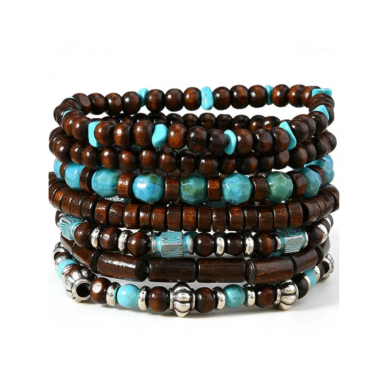 Bohemian Multilayer Bracelet Set Wood Beaded Turquoise Accent Retro Ethnic Charm Wristband Stackable Hand Jewelry for Men Women