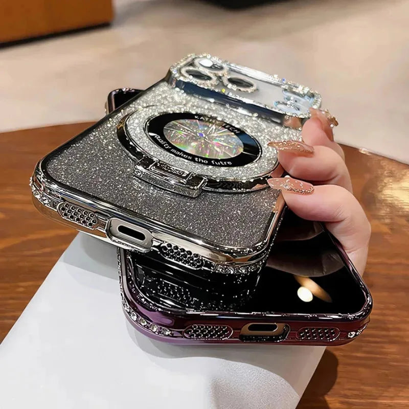 Plating transparent diamond glitter magnetic phone case for iPhone 17 16 13 14 15 Pro Max lens protection bracket back cover