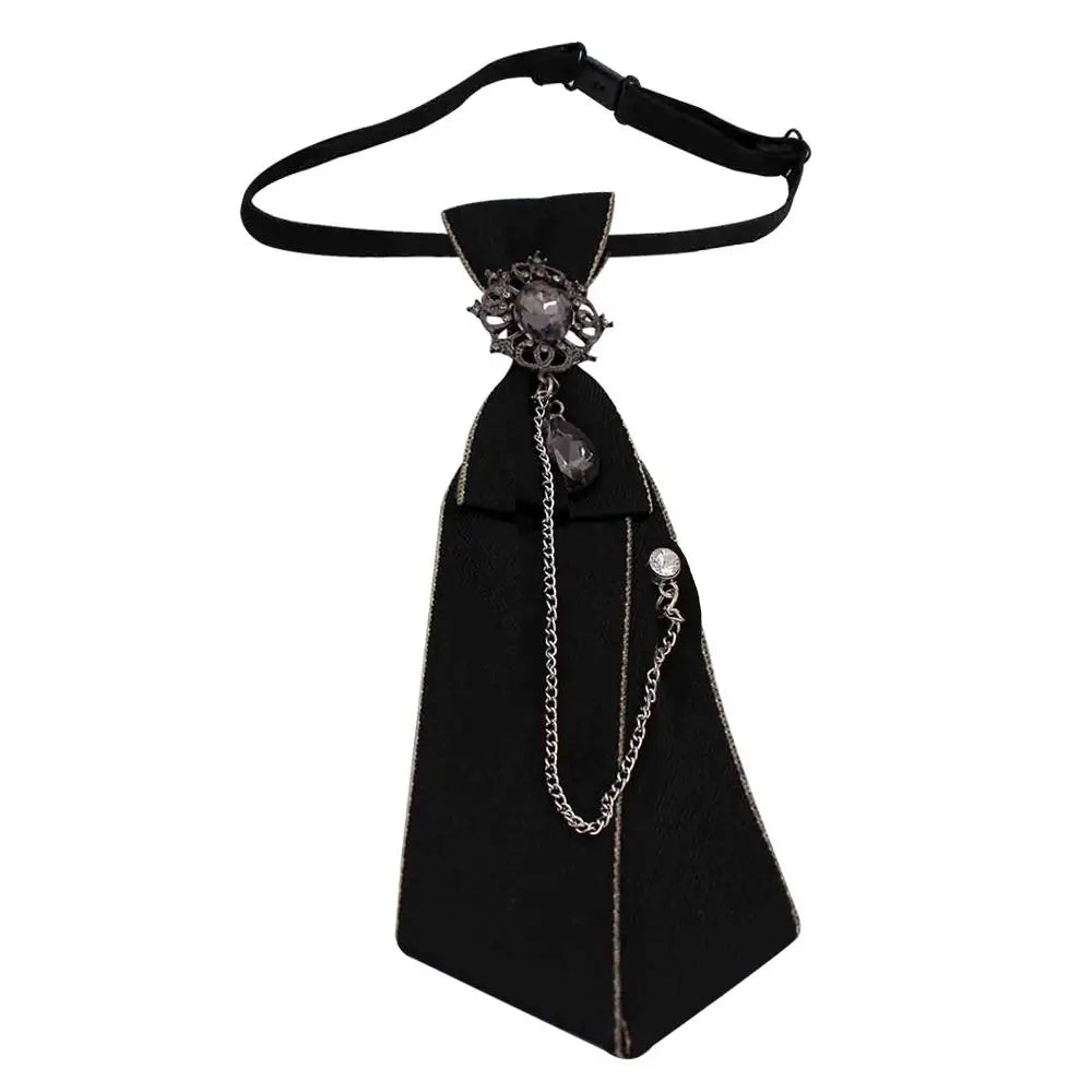 Punk Black Necktie Gothic Metal Chain Crystal Rhinestone Jewelry Bowtie Evening Adjustable Pre-Tied JK Shirt Decoration Bow Tie