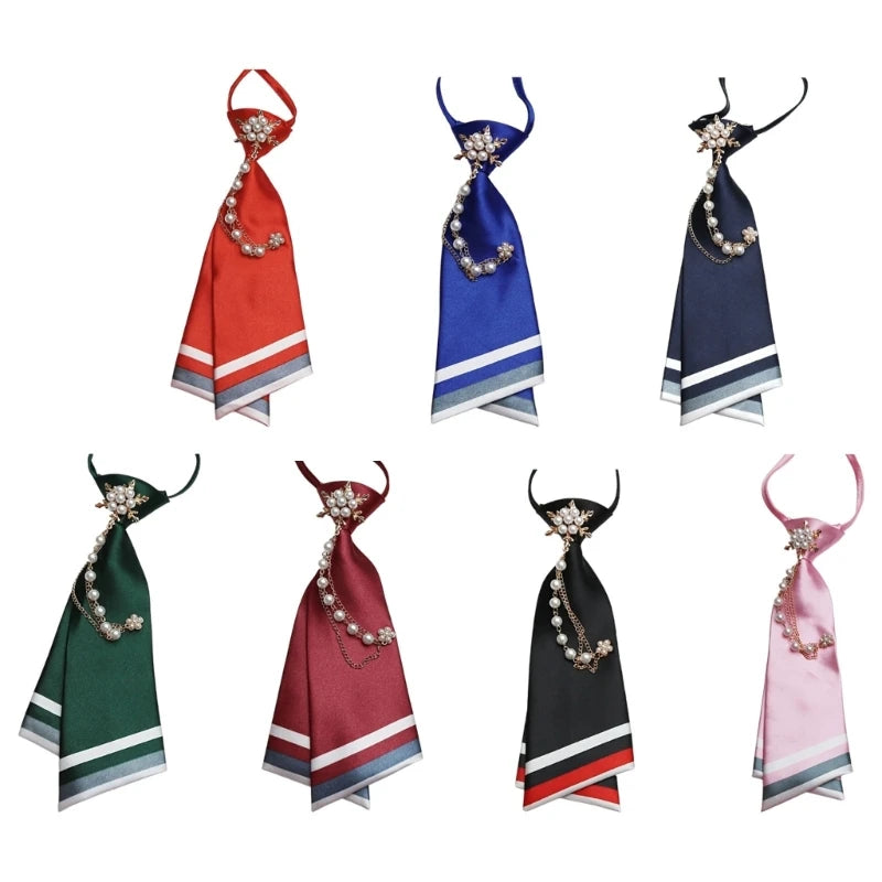 No-Knot Women's Necktie with Ornament Chain Accent, Polyester Flat-Tip Collar Tie for Office and School Functions 6XDA