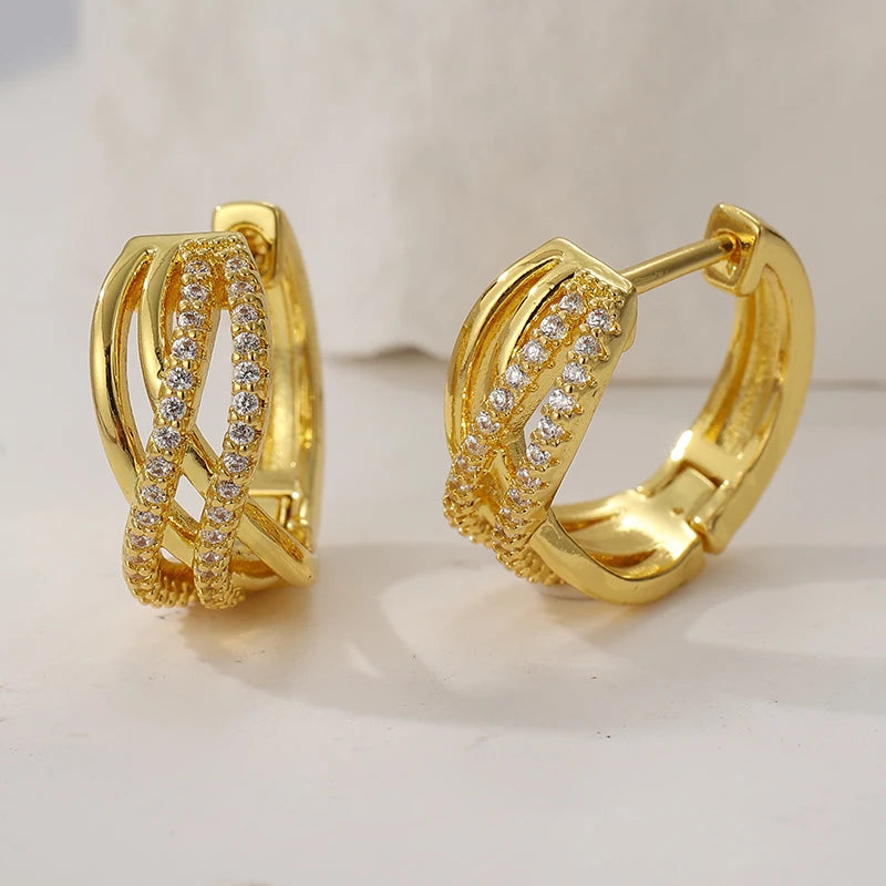 Exquisite Gold Color White CZ Hoops Women's Earrings Metal Hand Carving Cross Pattern Party Daily Wear